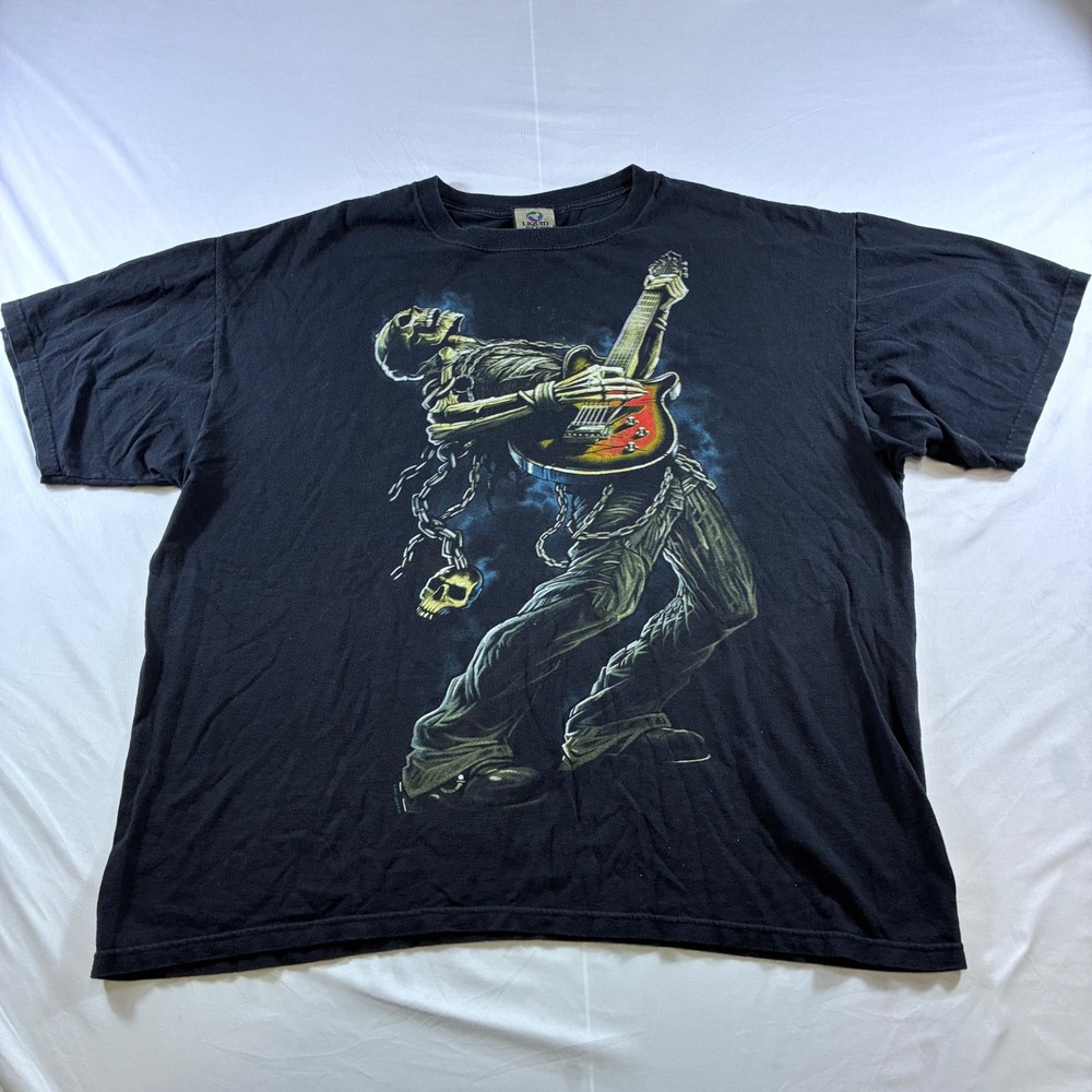 Vintage Liquid Blue Skeleton Guitarist Graphic T-Shirt Black Mens XL Rock Skull